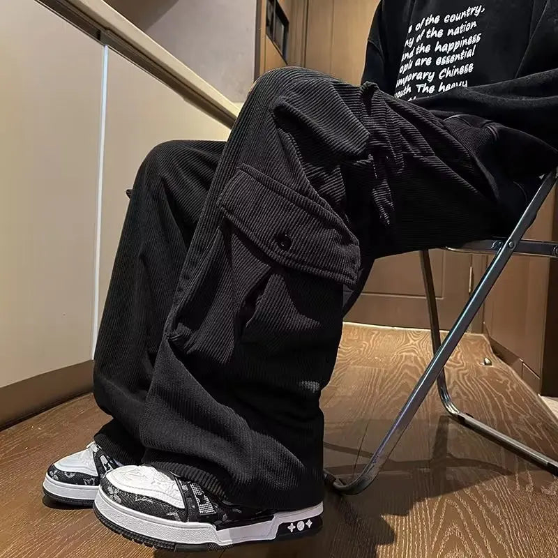 saferido Men's Casual Pants Loose Straight Corduroy Pants Elastic Waist Sweatpants Fashion Streetwear Spring Men Sports Jogger Trousers