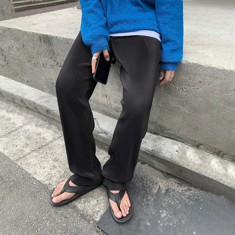 saferido Summer Pleated Pants Men Fashion Gray Black Ice Silk Pants Men Streetwear Korean Loose Straight Pants Mens Baggy Trousers M-3XL