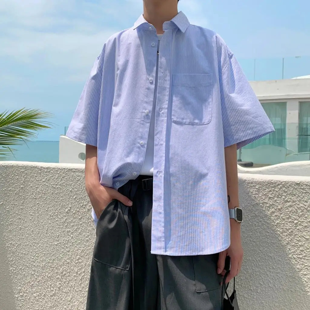 saferido -Youth Korean Fashions Cotton Striped Shirts Oversized Vintage Button Up Shirts Japanese Casual Short Sleeve Shirts