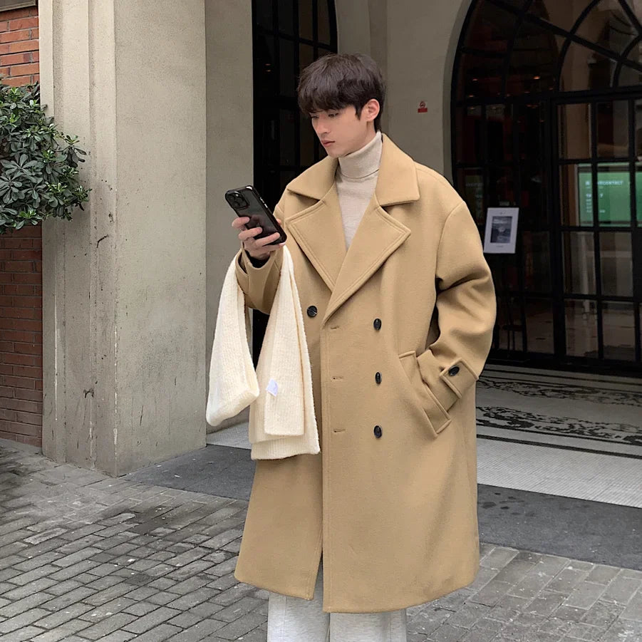 saferido Winter High Quality Woolen Trench Coats Men Korean Style Luxury Male Casual Trenchcoat Men's Streetwear Gray/Khaki/Black