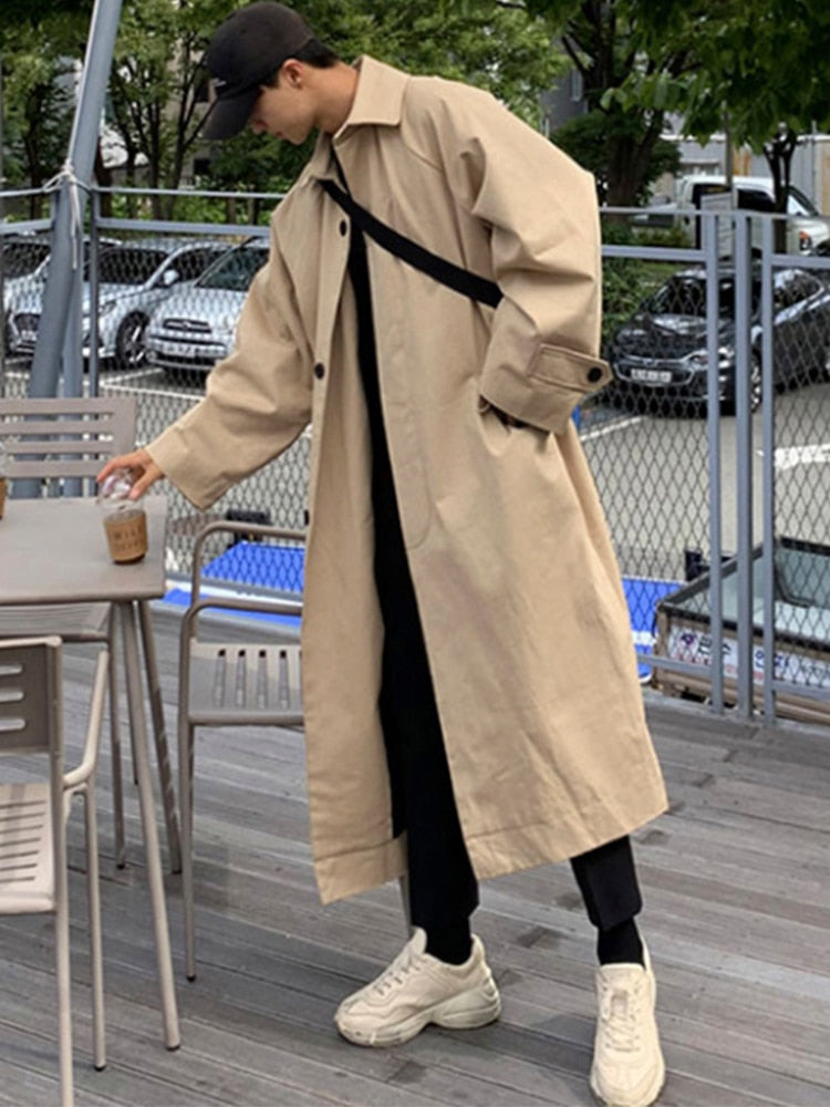 Spring Autumn Long Oversized Black Khaki Trench Coat Men Raglan Sleeve Single Breasted Loose Casual Korean Fashion