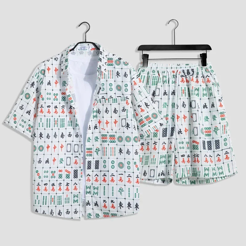 Mens Fashion Print Sets Short Sleeve Shirt+Shorts 2Pcs Suit Loose Summer Casual Beachwear Male Vacation Hawaiian Outfits