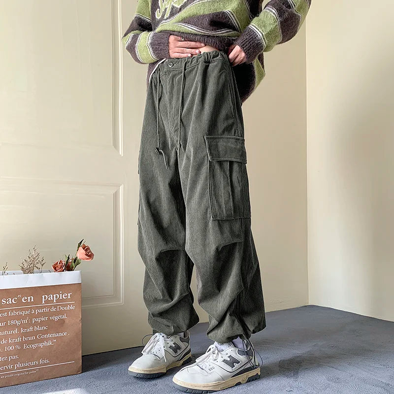saferido Winter Thickened Corduroy Pants Men Oversize Pocket Cargo Pants Men Streetwear Hip Hop Loose Straight Pants Mens Thick Trousers