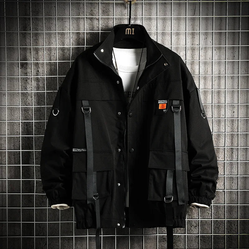 saferido New Ribbon Stand Collar Work Coat Men's Spring and Autumn Fried Street Personality Streamer Top Loose Large Size Jacket