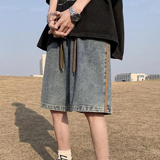 saferido Side Striped Denim Shorts Men Wide Leg Baggy Drawstring Mid-waist Summer Fitness Handsome Slouchy Knee Length Japanese Style
