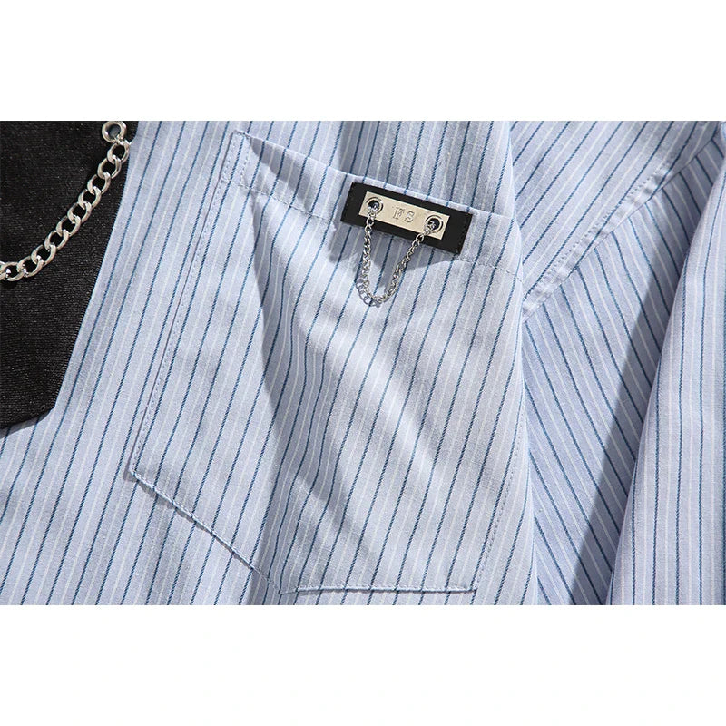 saferido Blue Striped Shirt Vintage College Style Tie Chain Design Loose Casual Blouse Couple Long Sleeve Top Harajuku Male Shirts Coat
