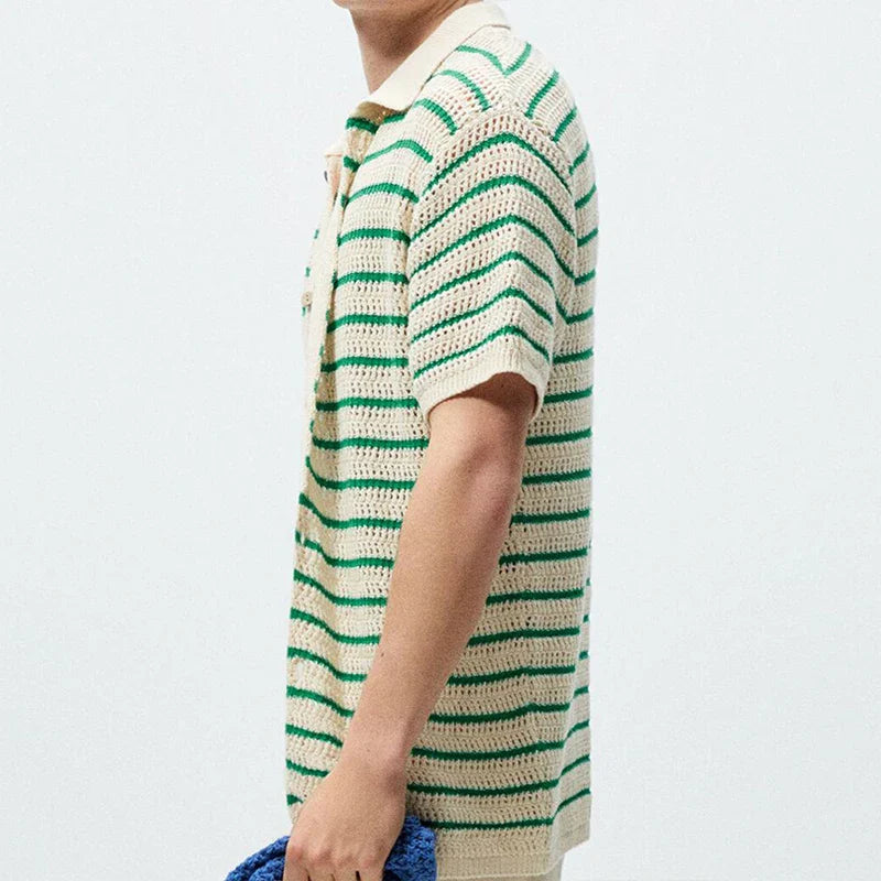 Summer Clothing Men's Light Luxury Knitted Polo Shirt Casual Vintage Button-down Striped Short Sleeve Fashion Leisure Knitwear