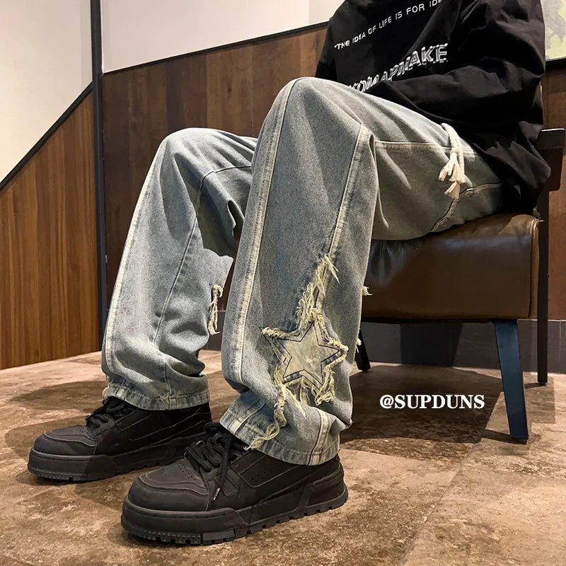 saferido Men's Casual Jeans Vintage Street Style Straight Leg Jeans Star Patch Denim Pants 2024 Korean High-street Versatile Jean