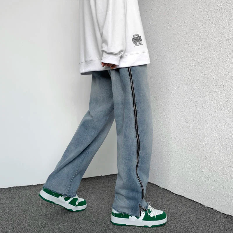 saferido Washed Blue Jeans for Men Hiphop Zipper Design Loose Straight Mopping Denim Trousers Oversize Trend Retro Wide-leg Daddy Pants