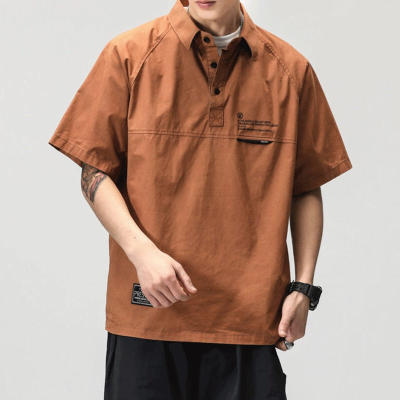Solid Color Work Clothes POLO Collar Summer Men's Short-sleeved Fashion Shirt Casual Loose Print Patchwork Button Commuting