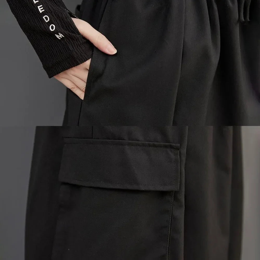 saferido Gothic Style Japanese Casual Large Pocket Culottes Fashion Loose Daily Versatile Elastic Waist Wide Leg Pants Unisex 2024 New