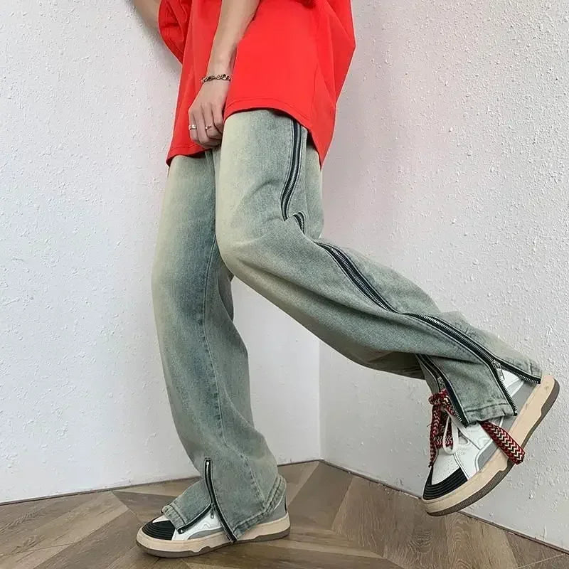 saferido Trousers Straight Jeans for Men with Slits Hip Hop Male Cowboy Pants Punk Wide Leg Baggy 2024 Korean Autumn Designer Cotton Kpop