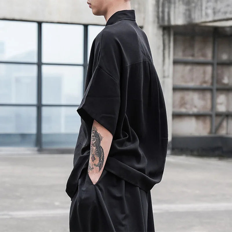 saferido Black Oversized Short Sleeve Shirt Men's Korean Style Drop Shoulder Shirt Harajuku Loose Single Breasted Shirt