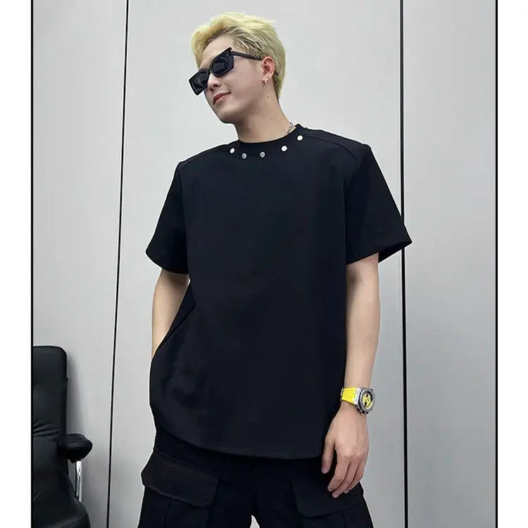 Heavy High-end Niche Short Sleeve T Shirts for Men Summer Loose Ins Design Solid Color Rivet Round Neck T-shirt Streetwear