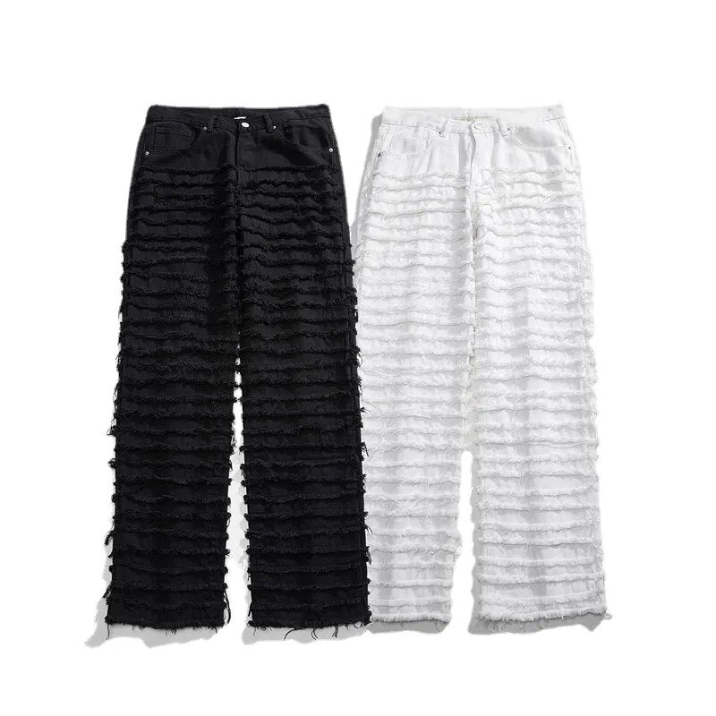 Spring New White Striped Tassel Straight Jeans Men Y2k Street Ripped Hip-hop Loose Casual Denim Trousers