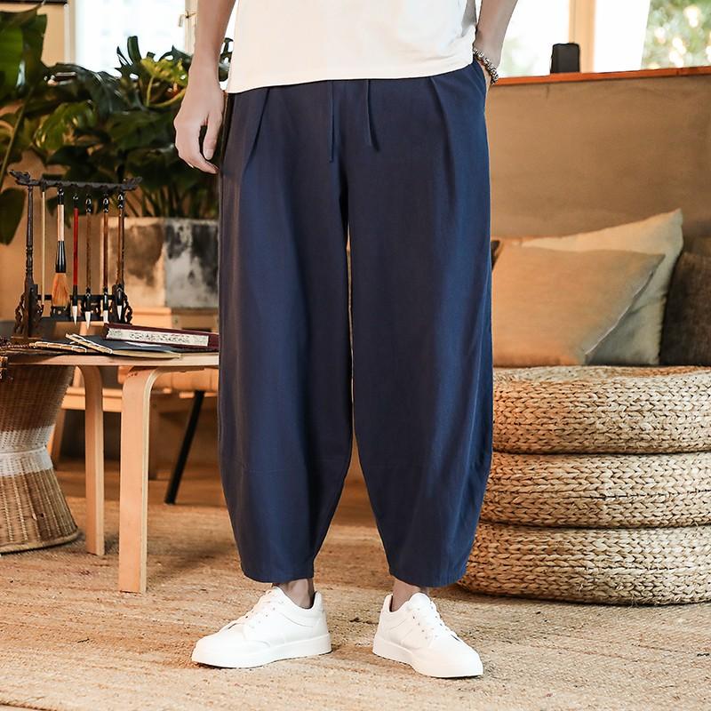 Loose Men's Cotton Linen Pants Summer Solid Color Breathable Linen Trousers Male Casual Elastic Waist Fitness Pants Plus Size