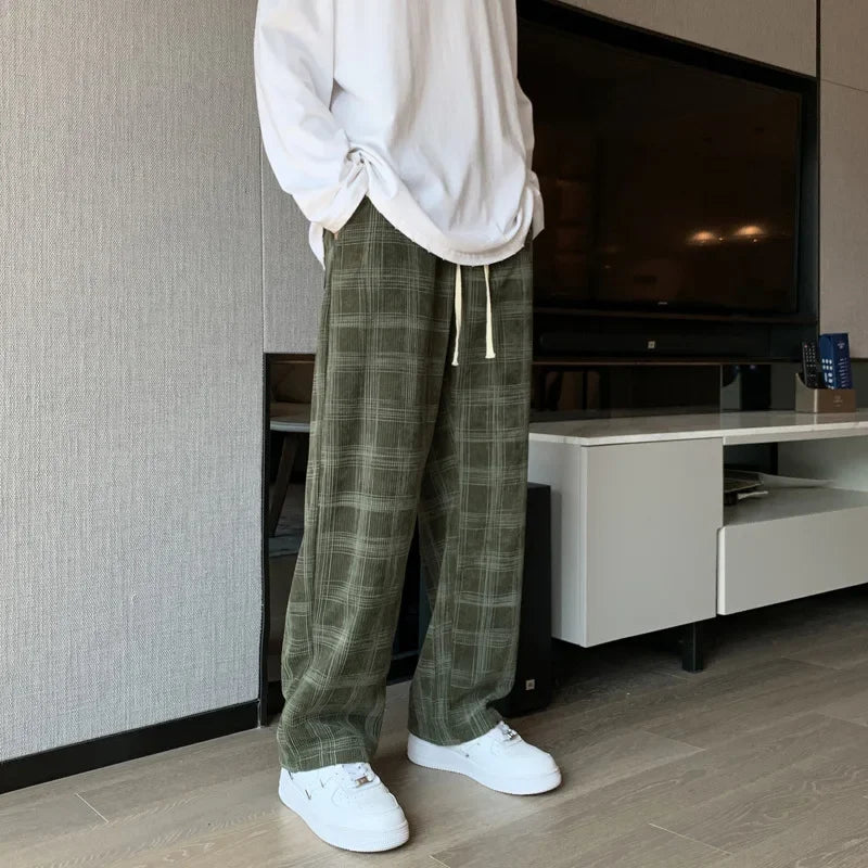 saferido Men Checkered Casual Pants Loose Straight Corduroy Pants Sweatpants Man Fashion Streetwear Spring New Hip Hop Trousers