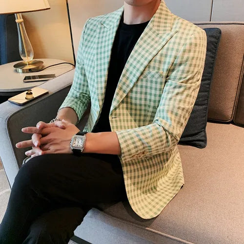 saferido Male Casual Plaid Blazers New Design Korean Version Slim-Fit Trend Business Coat High Quality Selling Fashion Suit Men 4XL