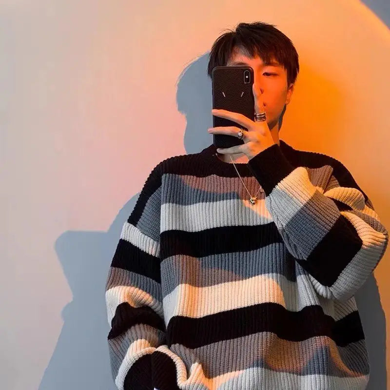 saferido Man Clothes Striped Long Knitted Sweaters for Men Brown Pullovers S 90s Vintage Y2k A Korean Autumn Jumpers Neck Overfit X