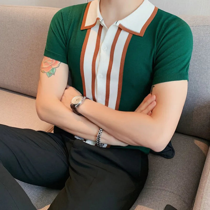 saferido Spring Men Short Sleeve Polo Contrast Stripes Lapel Top Korean Slim Knit Men Polo High Quality Tee Shirt Camisa Hombre 4XL