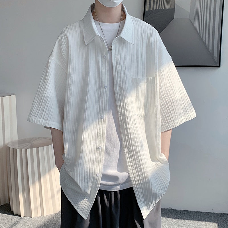 Summer Ice Silk Vertical Stripe Shirt Men Summer Short Sleeve Lapel Shirts Blouse Top Loose Casual Men Clothing Camisas