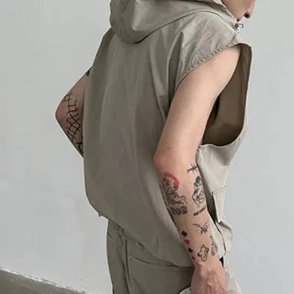 saferido Men Cargo Vest Hooded Summer Japanese Zipper Design Sleeveless Tops Male Korean Streetwear Hip Hop Unisex Plus Size Waistcoat