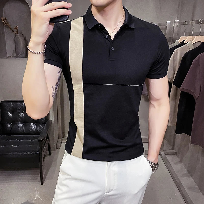saferido British Style Summer Men Polo Shirts Short Sleeve Solid Front Pocket Decor Korean Slim Fit Casual Polo Homme Streetwear 4XL