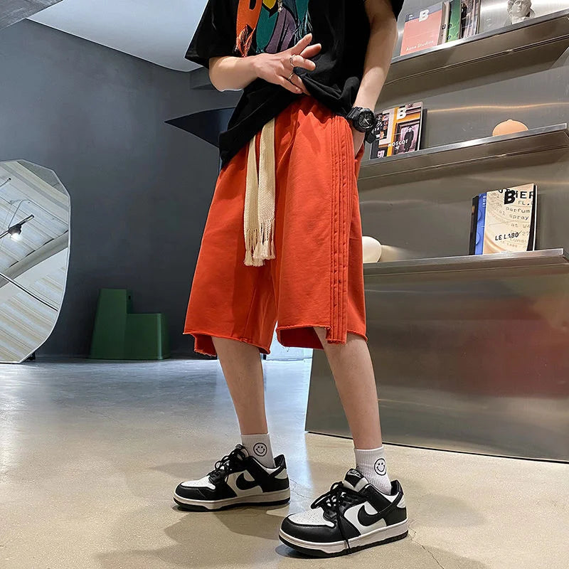 saferido Solid Loose Shorts Thin Summer Sports Thousand Pleated Straight Wide-leg Casual Pants Oversized 5-point Pants Men's White Orange