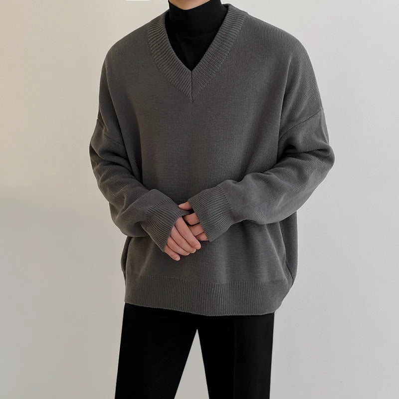 Men Winter V-neck Thickening Sweater Solid Color Casual Pullovers Fashion Korean Style Casual Knitwear For Male