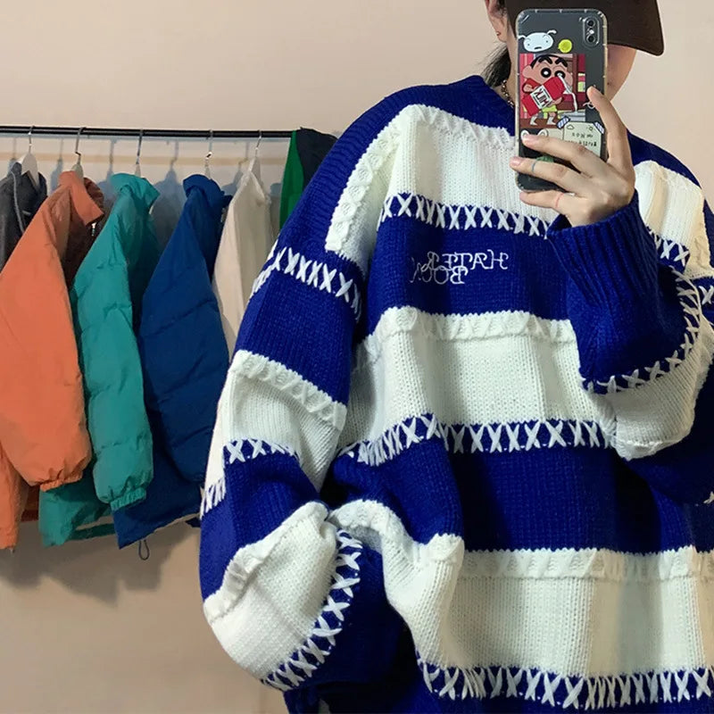 saferido Patchwork Striped Men's Knitted Sweater Blue Pullovers Punk Black Sweaters Male Oversize Korean Streetwear Hip Hop
