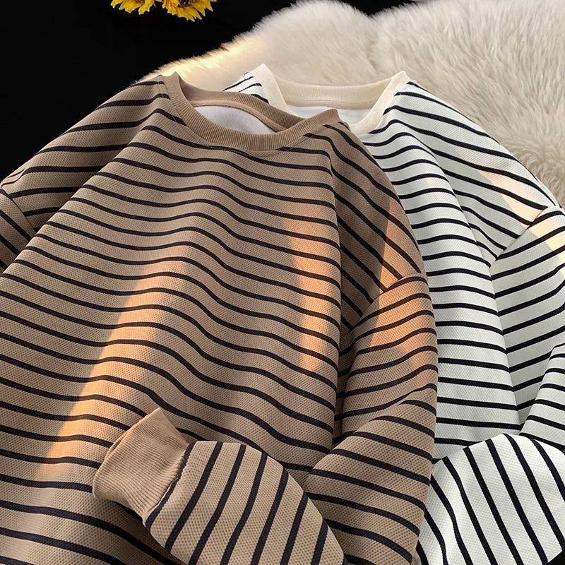 saferido Men's Tri-color Striped Sweatshirt American Classic Style Retro Casual Round Neck Top Unisex College Style Trendy Menswear