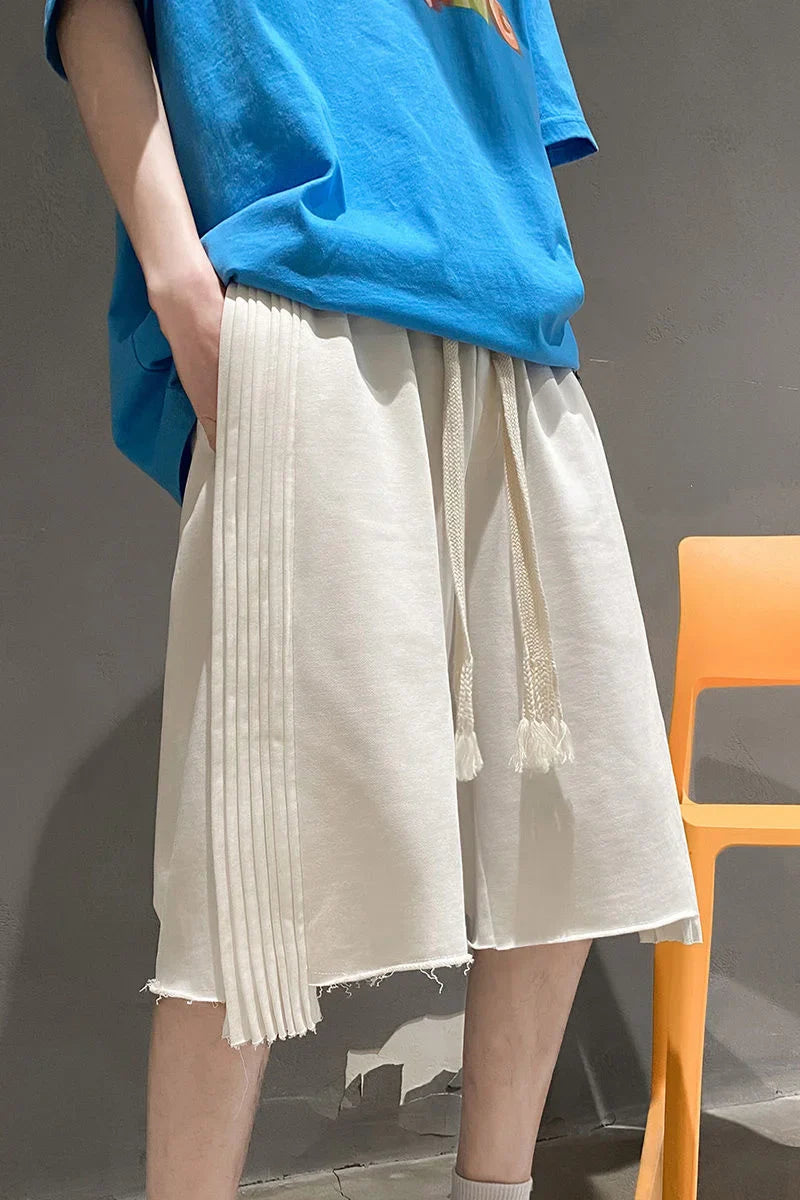 saferido Solid Loose Shorts Thin Summer Sports Thousand Pleated Straight Wide-leg Casual Pants Oversized 5-point Pants Men's White Orange
