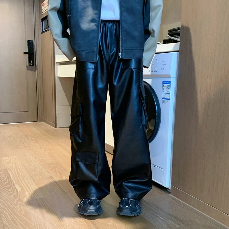 saferido Black Leather Pants Men Oversized Retro Pocket Cargo Pants Men Streetwear Hip-hop Loose Wide Leg Pants Mens Motorcycle Trousers