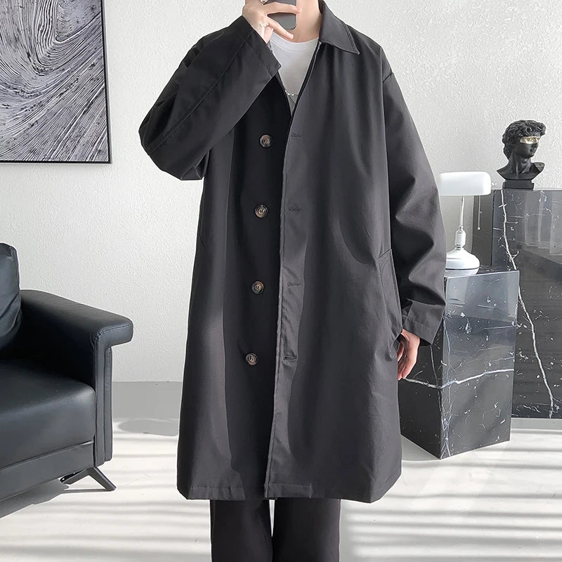 Men's Trench Coat Fashion long Windbreaker Men Solid Color Single Breasted Loose Casual Trench Man Streetwear Plus Size M-5XL