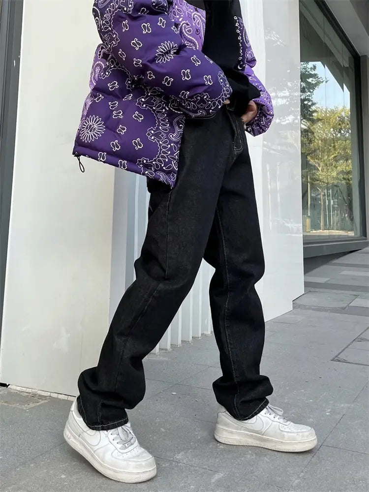 saferido Men's Y2k Jeans Cashew Flowers Purple Streetwear Casual Pants Punk Hip Hop Letter Print Baggy Harajuku Straight Denim Trousers