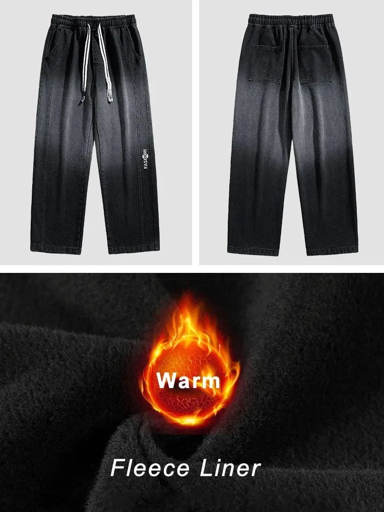 saferido Winter Men's Oversized Jeans Thicken Velvet Warm Denim Pants Wide-Leg Straight Thermal Fleece Baggy Jean Trousers