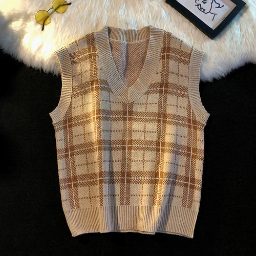 saferido Men's Knitted Sweater Vest Spring Autumn Casual Vest Korean Fashion Plaid Sleeveless Tops Knit Bottoming Shirt Male Clothes