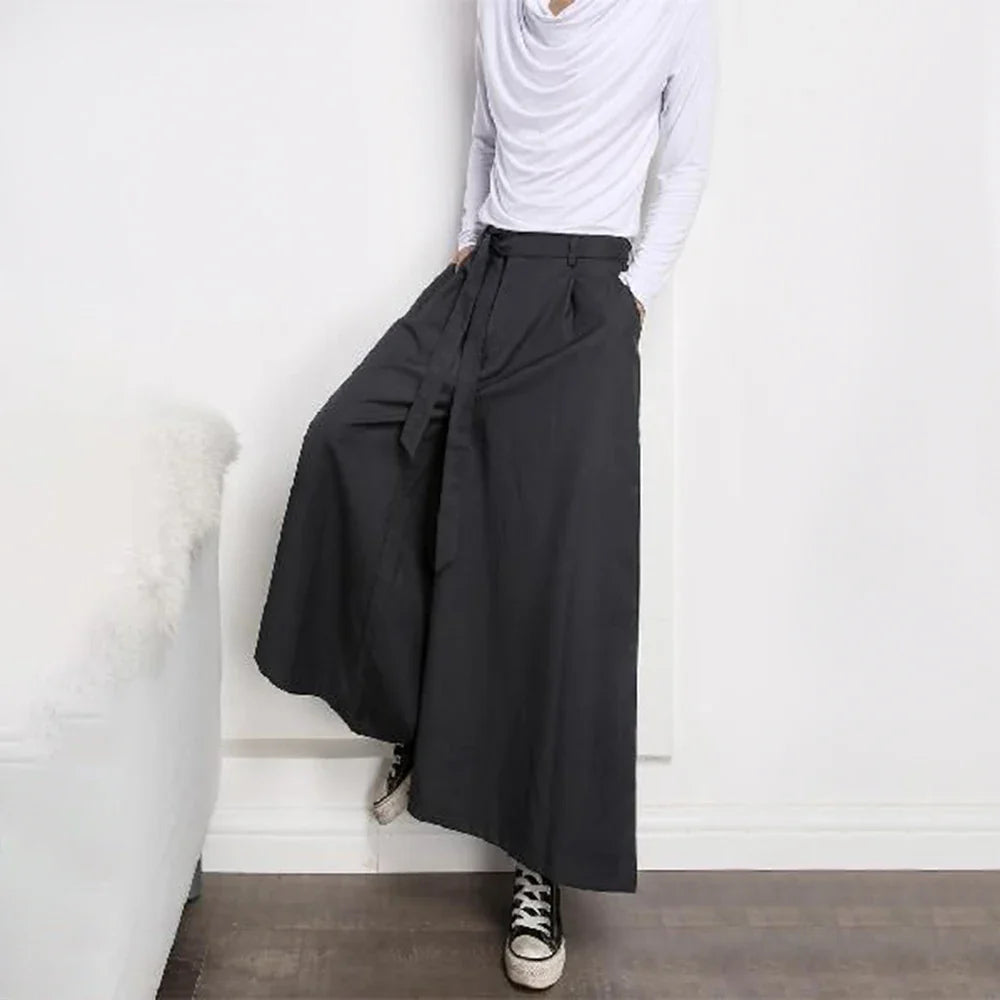 saferido Mens Japanese Casual Street Wide Leg Pants With Belt Genderless Autumn Fashion Trendy Solid Color Loose Nine-Point Skirts Unisex