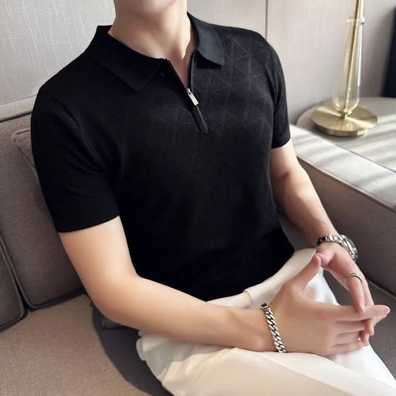saferido Korean Style Men's Summer Casual Knitted Polo Shirts/Male Slim Fit Fashion Zipper Design Hollow Out Polo Shirts S-3XL
