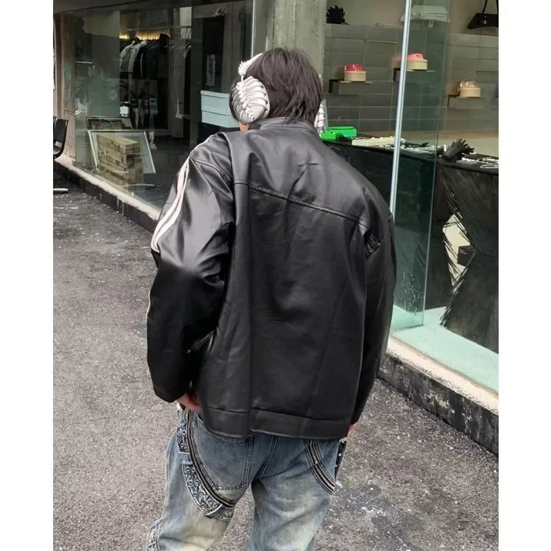 Retro Leather Jacket Men Women American Patchwork Strip Racing Outerwear Loose Hip Hop Zippers Brown PU Coat Streetwear Spring