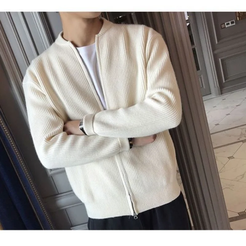 New Spring and Autumn Korean Edition Trend Stand Collar Solid Color Pit Stripe Slim Fitting High-end Men's Sweater Cardigan