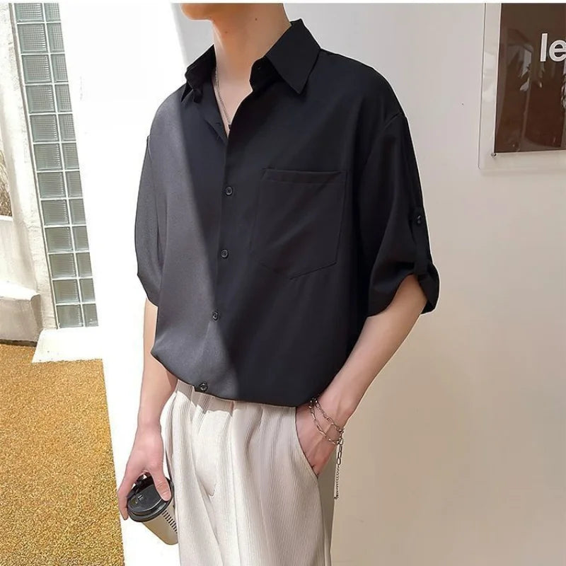 saferido Simple Korean Short Sleeved Men Summer Solid White Shirt Lapel Button Pocket Harajuku Fashion Trendy Loose Casual Thin Male Top