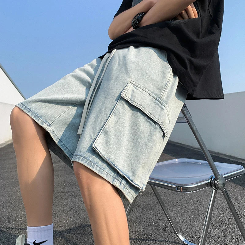 saferido Korean Summer Men's Wide Leg Denim Shorts New Fashion Loose Casual Elastic Waist Large Pocket Work Shorts Men's Brand Clothing