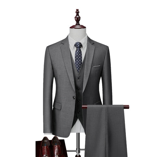 Men Slim Business Casual Suits Dress Three-piece Set Jacket Pants Vest / Male Wedding Groom Blazer Coat Trousers Waistcoat