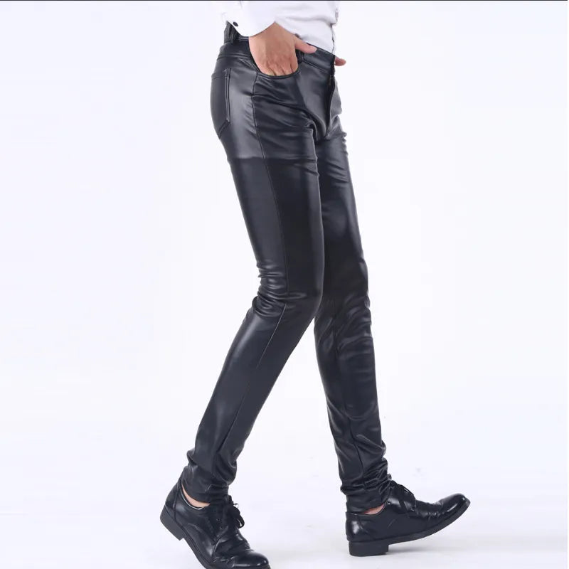 saferido Men's Leather Pants Spring Autumn Slim Fit Elastic Style Male Fashion PU Leather Trousers Moto Pants Solid Color Casual Bottoms