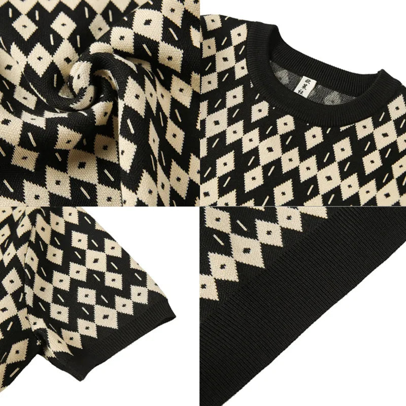 saferido Korean Style High Quality For Men Plaid Short Seeve Knit Sweater/Male Slim Fit Fahion O-Neck Set head Knit Sweaters Homme