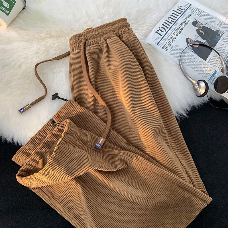Casual Solid Color Korean Loose Straight Cylinder Sweatpants New Waist Drawcord Fashion Youth All-match Male Ninth Pants
