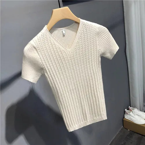 Men Summer New V Neck Knitted T-Shirts Men Clothing Slim Fit Casual Tops Male Short Sleeve Tee Shirt Streetwear N02