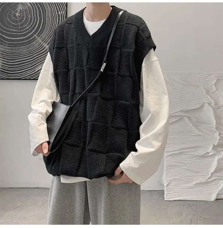 saferido Spring Autumn Fashion Solid Casual Pullover Tess Vest Men Loose Knitted Top Student Preppy Style Sweater Gentle Retro Patchwork