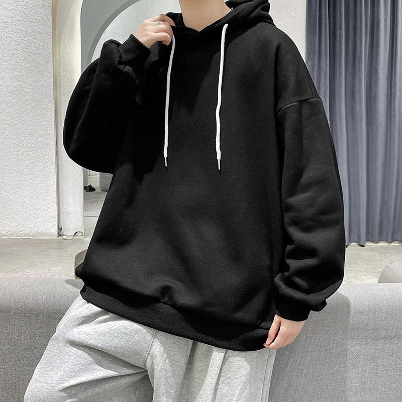 saferido Men's Multicolour Patternless Hooded Sweatshirt Korean Loose Large Size 5XL Casual Long Sleeve Top Simple Unisex Style T-Shirt